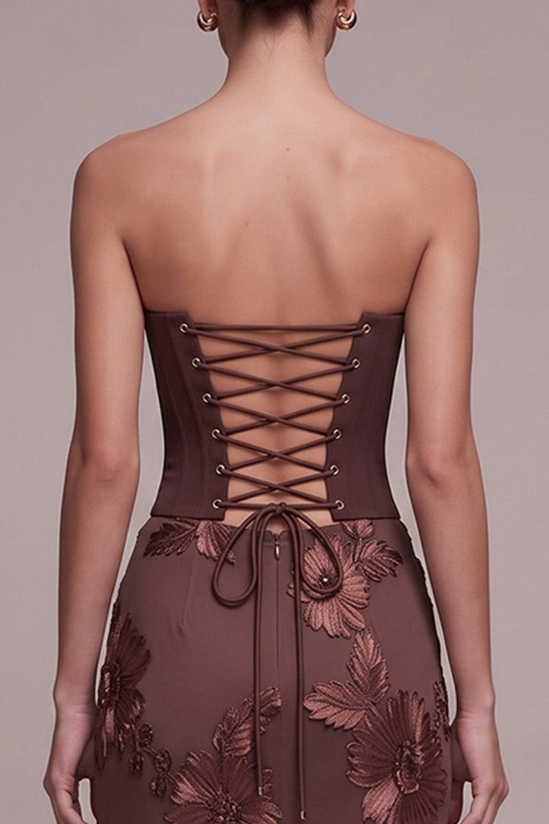 Load image into Gallery viewer, Floral Coffee Sheath Corset Sweetheart Long Formal Dress with Neck Scarf