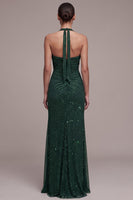 Load image into Gallery viewer, Ruched Dark Green Sheath Sparkly Beaded Halter Long Formal Dress with Slit