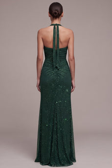 Ruched Dark Green Sheath Sparkly Beaded Halter Long Formal Dress with Slit