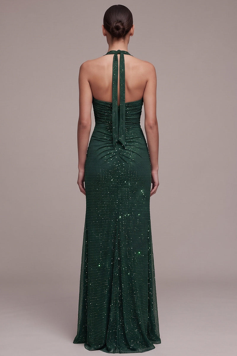 Load image into Gallery viewer, Ruched Dark Green Sheath Sparkly Beaded Halter Long Formal Dress with Slit