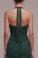 Load image into Gallery viewer, Ruched Dark Green Sheath Sparkly Beaded Halter Long Formal Dress with Slit