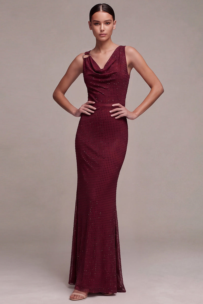 Load image into Gallery viewer, Mermaid Burgundy Sparkly Beaded Cowl Neck Long Formal Dress