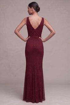 Mermaid Burgundy Sparkly Beaded Cowl Neck Long Formal Dress