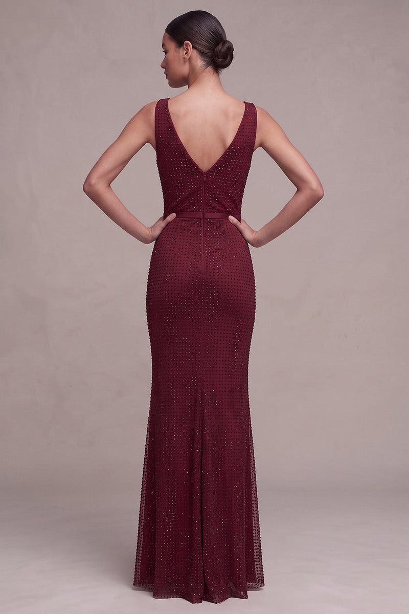 Load image into Gallery viewer, Mermaid Burgundy Sparkly Beaded Cowl Neck Long Formal Dress