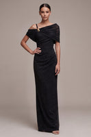 Load image into Gallery viewer, Sparkly Black Sheath Ruched Asymmetrical Neck Long Formal Dress with Beading
