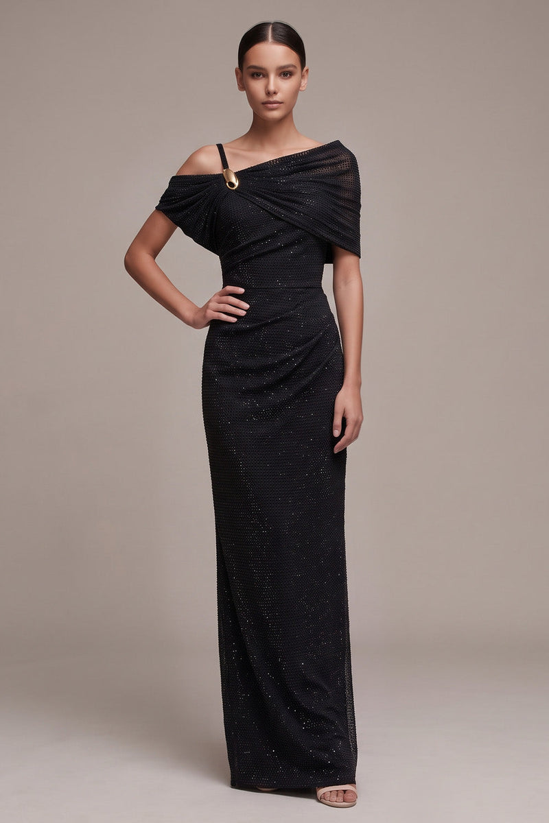 Load image into Gallery viewer, Sparkly Black Sheath Ruched Asymmetrical Neck Long Formal Dress with Beading