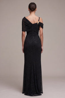 Sparkly Black Sheath Ruched Asymmetrical Neck Long Formal Dress with Beading