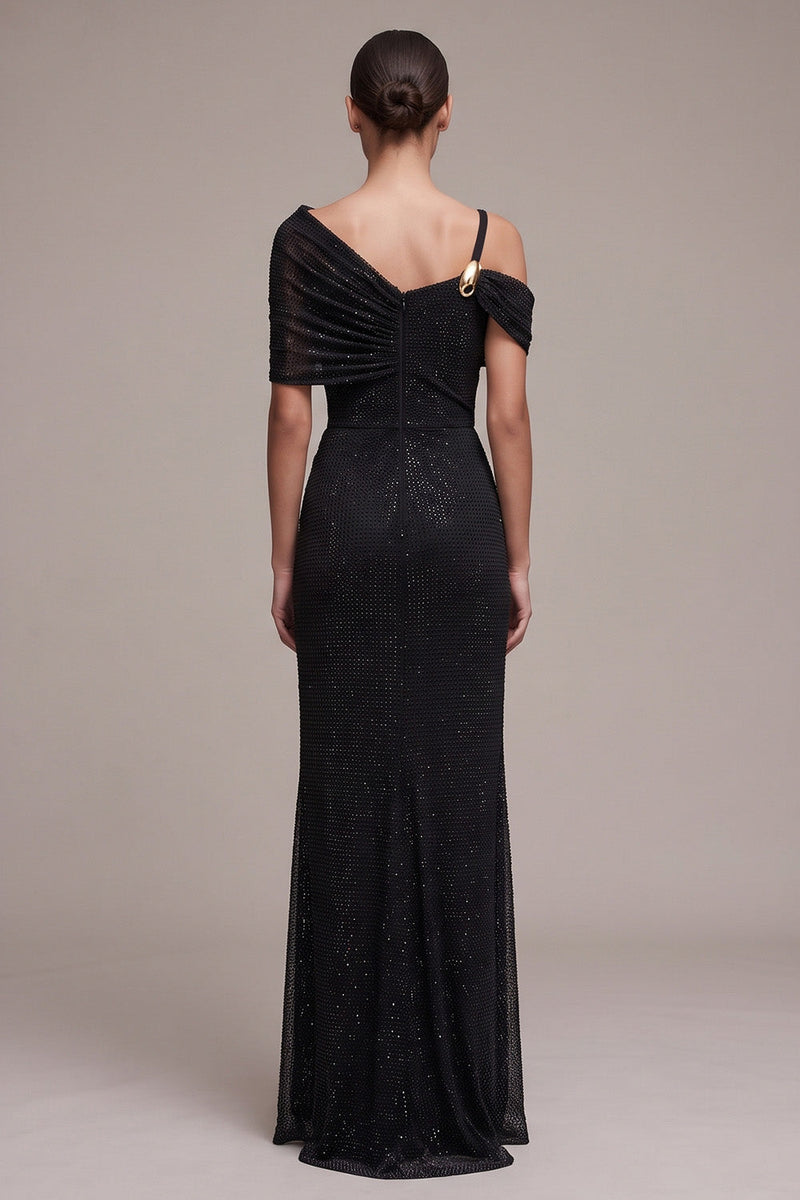 Load image into Gallery viewer, Sparkly Black Sheath Ruched Asymmetrical Neck Long Formal Dress with Beading