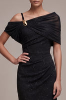 Load image into Gallery viewer, Sparkly Black Sheath Ruched Asymmetrical Neck Long Formal Dress with Beading