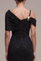 Load image into Gallery viewer, Sparkly Black Sheath Ruched Asymmetrical Neck Long Formal Dress with Beading
