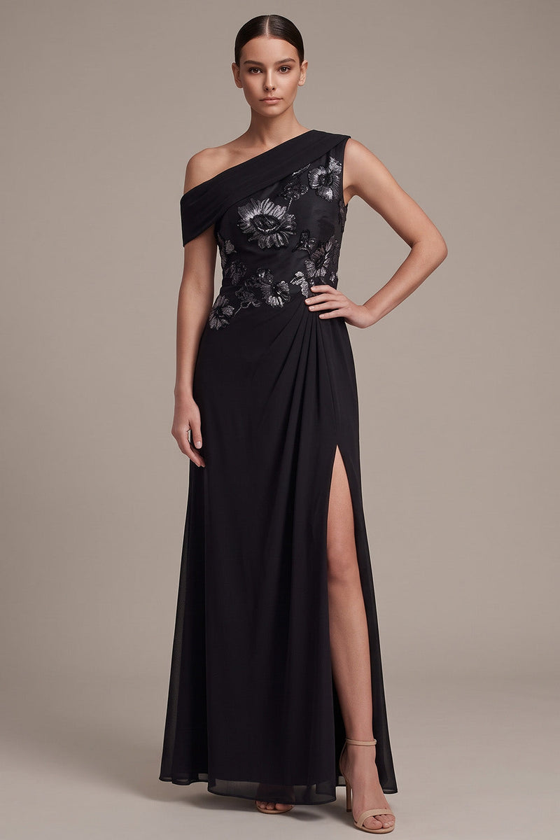 Load image into Gallery viewer, Black A Line Floral Ruched One Shoulder Chiffon Long Formal Dress with Slit
