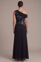 Load image into Gallery viewer, Black A Line Floral Ruched One Shoulder Chiffon Long Formal Dress with Slit