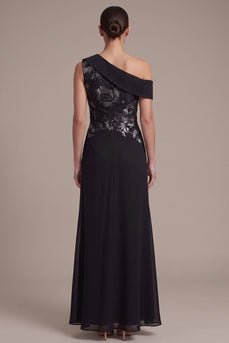 Black A Line Floral Ruched One Shoulder Chiffon Long Formal Dress with Slit