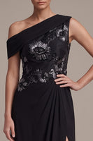 Load image into Gallery viewer, Black A Line Floral Ruched One Shoulder Chiffon Long Formal Dress with Slit
