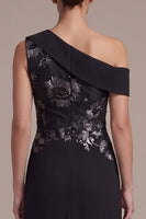 Load image into Gallery viewer, Black A Line Floral Ruched One Shoulder Chiffon Long Formal Dress with Slit