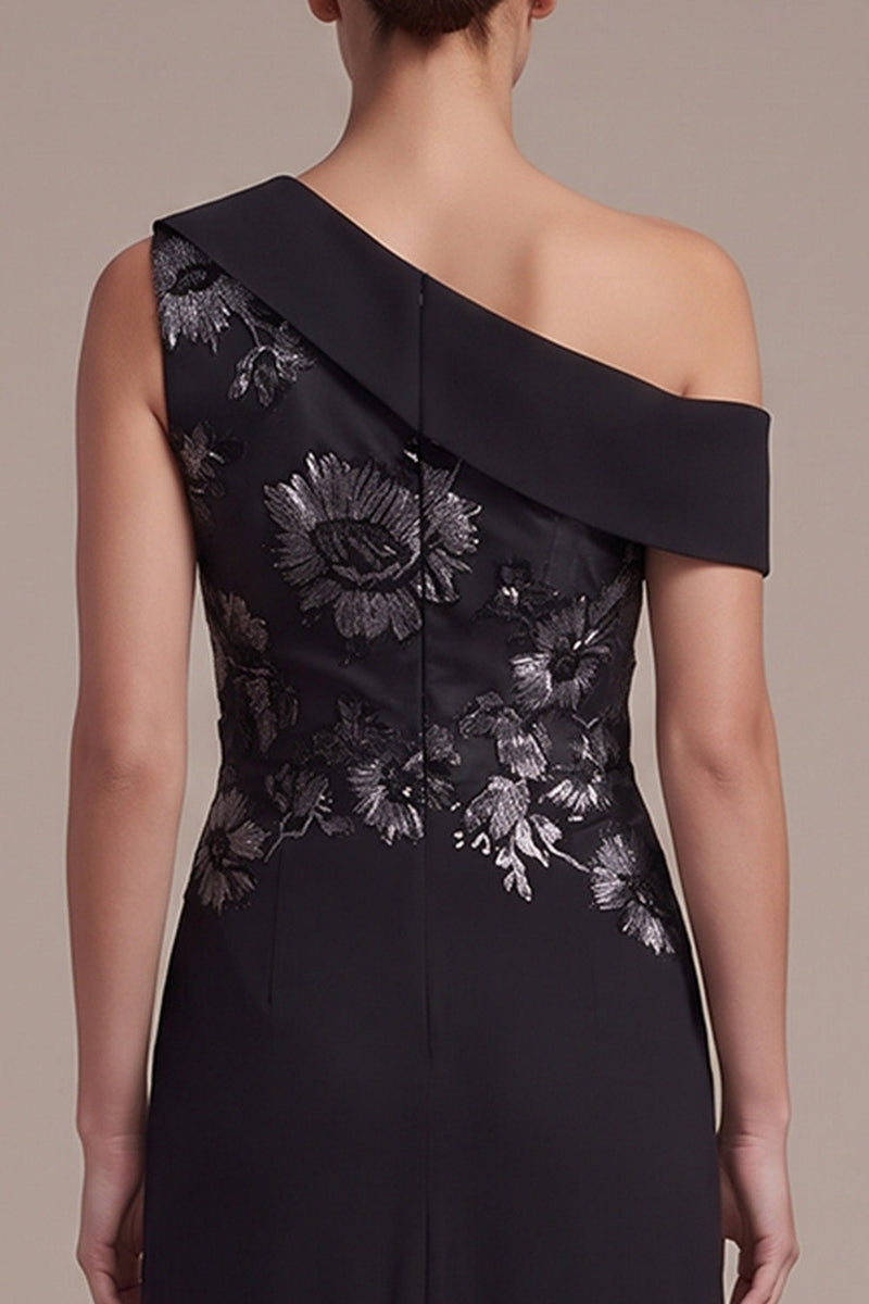 Load image into Gallery viewer, Black A Line Floral Ruched One Shoulder Chiffon Long Formal Dress with Slit