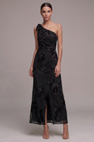 Load image into Gallery viewer, Floral Black A Line Ruched One Shoulder Long Formal Dress with Slit