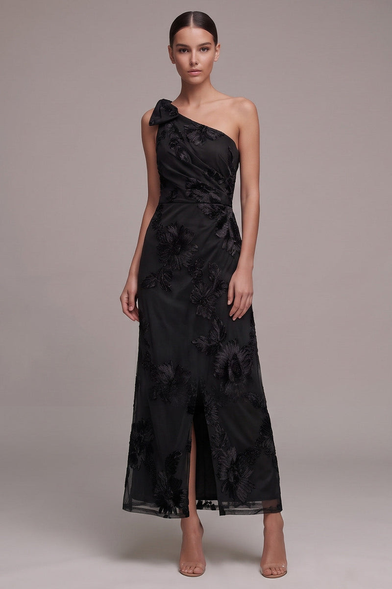 Load image into Gallery viewer, Floral Black A Line Ruched One Shoulder Long Formal Dress with Slit