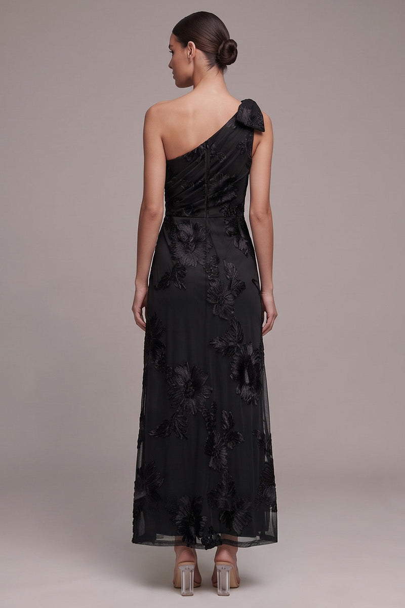 Load image into Gallery viewer, Floral Black A Line Ruched One Shoulder Long Formal Dress with Slit