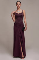 Load image into Gallery viewer, A Line Burgundy Corset Ruched Thick Straps Long Formal Dress with Lace