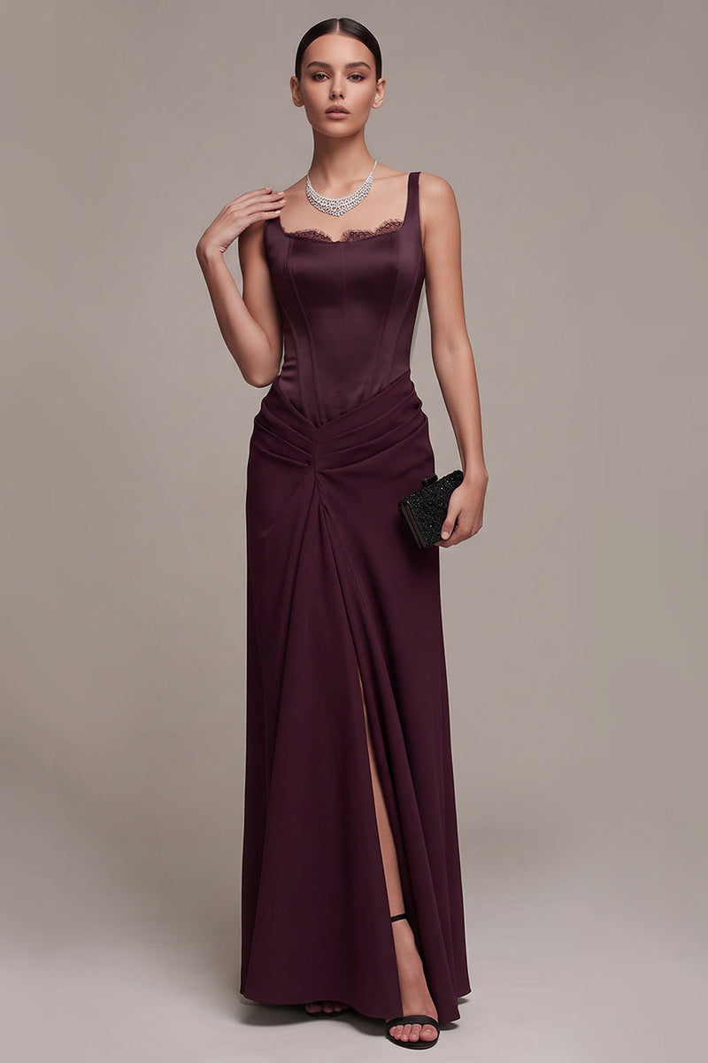 Load image into Gallery viewer, A Line Burgundy Corset Ruched Thick Straps Long Formal Dress with Lace