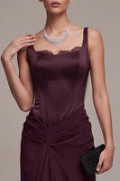 Load image into Gallery viewer, A Line Burgundy Corset Ruched Thick Straps Long Formal Dress with Lace