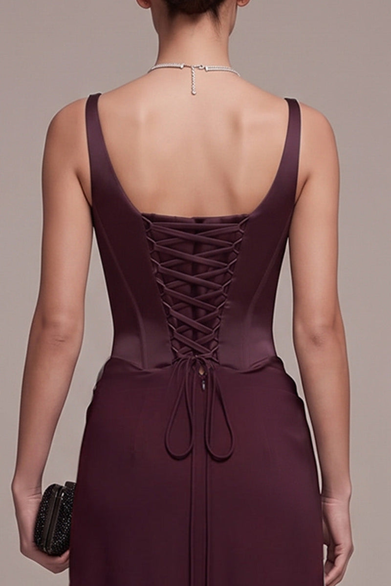 Load image into Gallery viewer, A Line Burgundy Corset Ruched Thick Straps Long Formal Dress with Lace