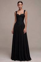Load image into Gallery viewer, A Line Black Lace Floral Ruched Thick Straps Long Formal Dress