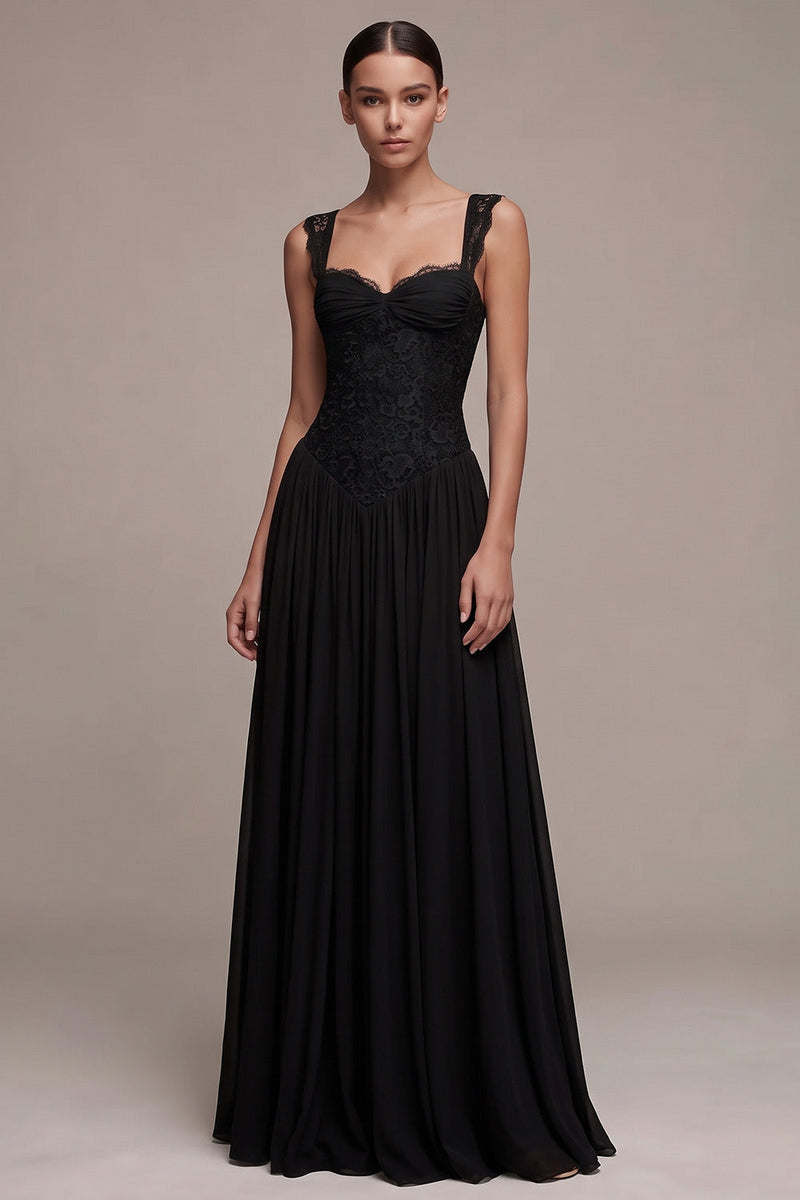 Load image into Gallery viewer, A Line Black Lace Floral Ruched Thick Straps Long Formal Dress