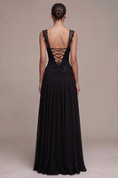 Load image into Gallery viewer, A Line Black Lace Floral Ruched Thick Straps Long Formal Dress