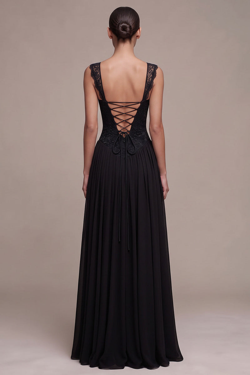 Load image into Gallery viewer, A Line Black Lace Floral Ruched Thick Straps Long Formal Dress