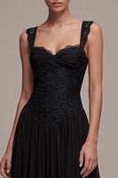 Load image into Gallery viewer, A Line Black Lace Floral Ruched Thick Straps Long Formal Dress