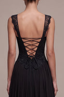 Load image into Gallery viewer, A Line Black Lace Floral Ruched Thick Straps Long Formal Dress