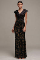 Load image into Gallery viewer, Black Sheath Floral Ruched V-Neck Cap Sleeves Long Formal Dress