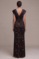 Load image into Gallery viewer, Black Sheath Floral Ruched V-Neck Cap Sleeves Long Formal Dress