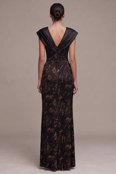 Black Sheath Floral Ruched V-Neck Cap Sleeves Long Formal Dress