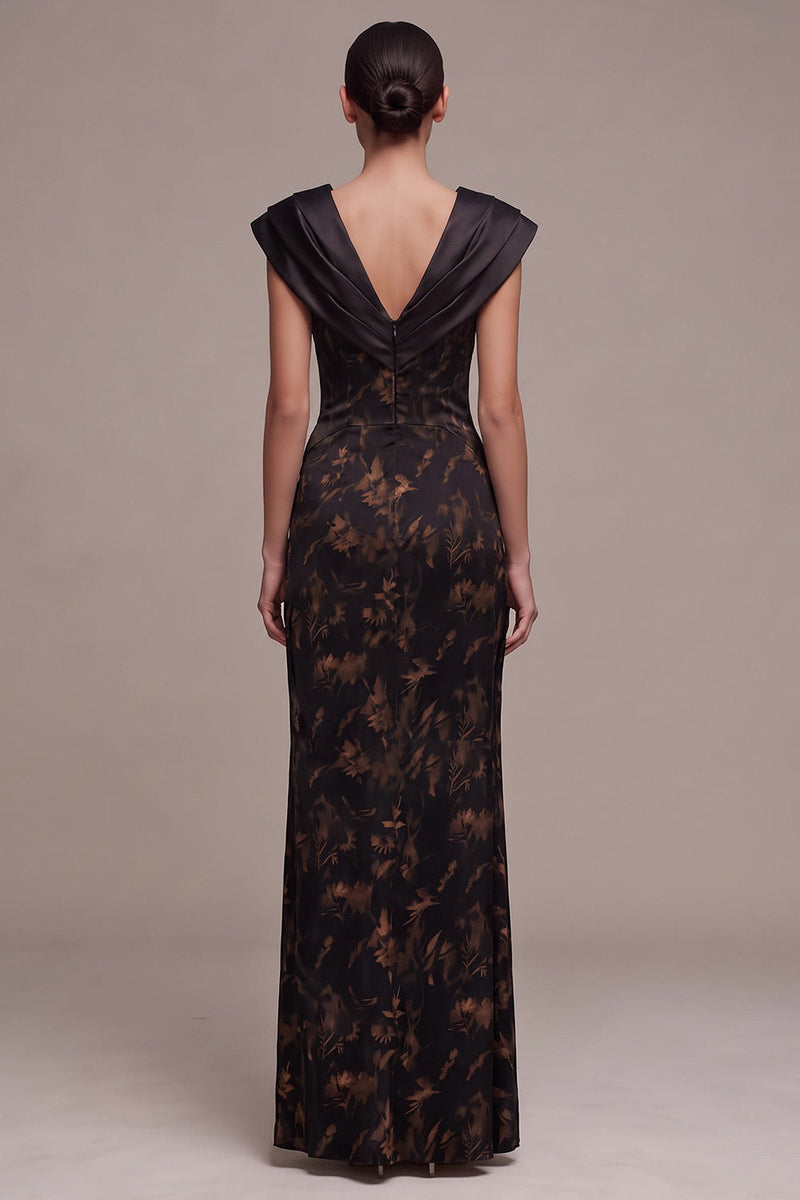 Load image into Gallery viewer, Black Sheath Floral Ruched V-Neck Cap Sleeves Long Formal Dress