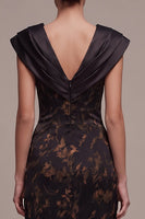 Load image into Gallery viewer, Black Sheath Floral Ruched V-Neck Cap Sleeves Long Formal Dress