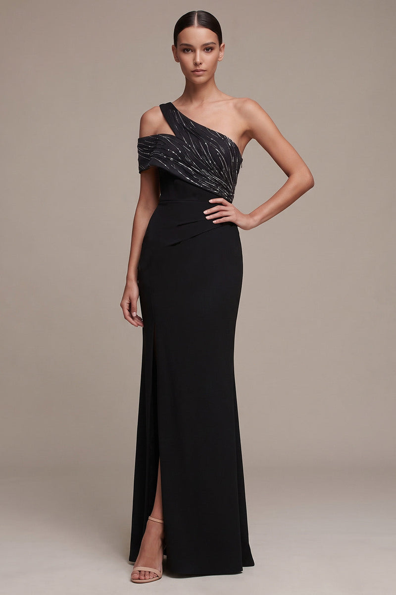 Load image into Gallery viewer, Sparkly Black Sheath Ruched Sequin One Shoulder Long Formal Dress with Slit