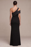 Load image into Gallery viewer, Sparkly Black Sheath Ruched Sequin One Shoulder Long Formal Dress with Slit