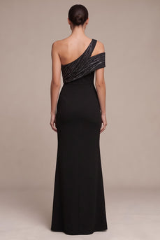 Sparkly Black Sheath Ruched Sequin One Shoulder Long Formal Dress with Slit