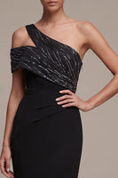 Load image into Gallery viewer, Sparkly Black Sheath Ruched Sequin One Shoulder Long Formal Dress with Slit