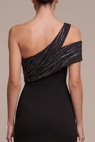 Load image into Gallery viewer, Sparkly Black Sheath Ruched Sequin One Shoulder Long Formal Dress with Slit