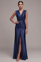 Load image into Gallery viewer, Ruched Navy Sheath Satin V-Neck Long Formal Dress with Slit