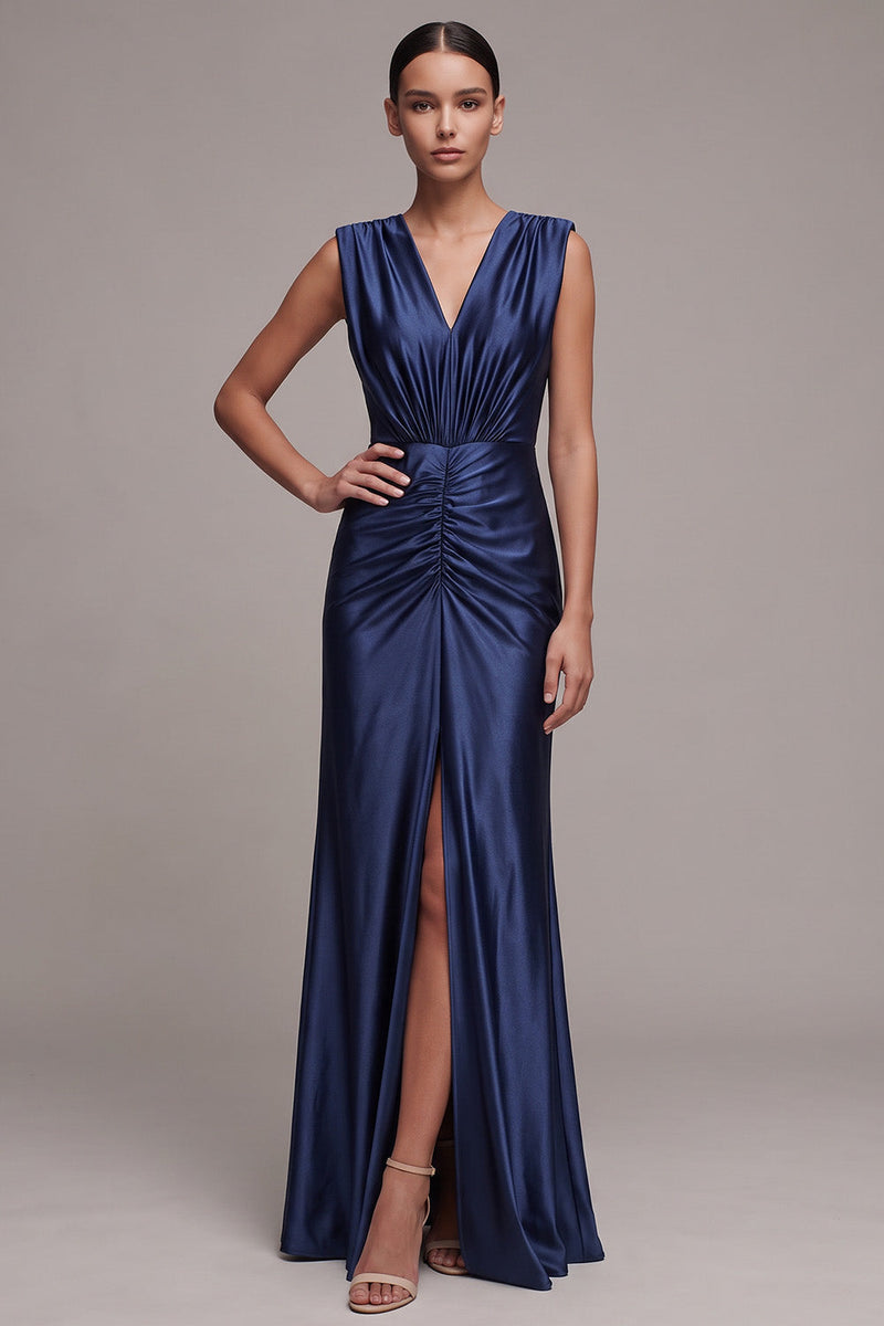 Load image into Gallery viewer, Ruched Navy Sheath Satin V-Neck Long Formal Dress with Slit