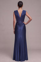 Load image into Gallery viewer, Ruched Navy Sheath Satin V-Neck Long Formal Dress with Slit