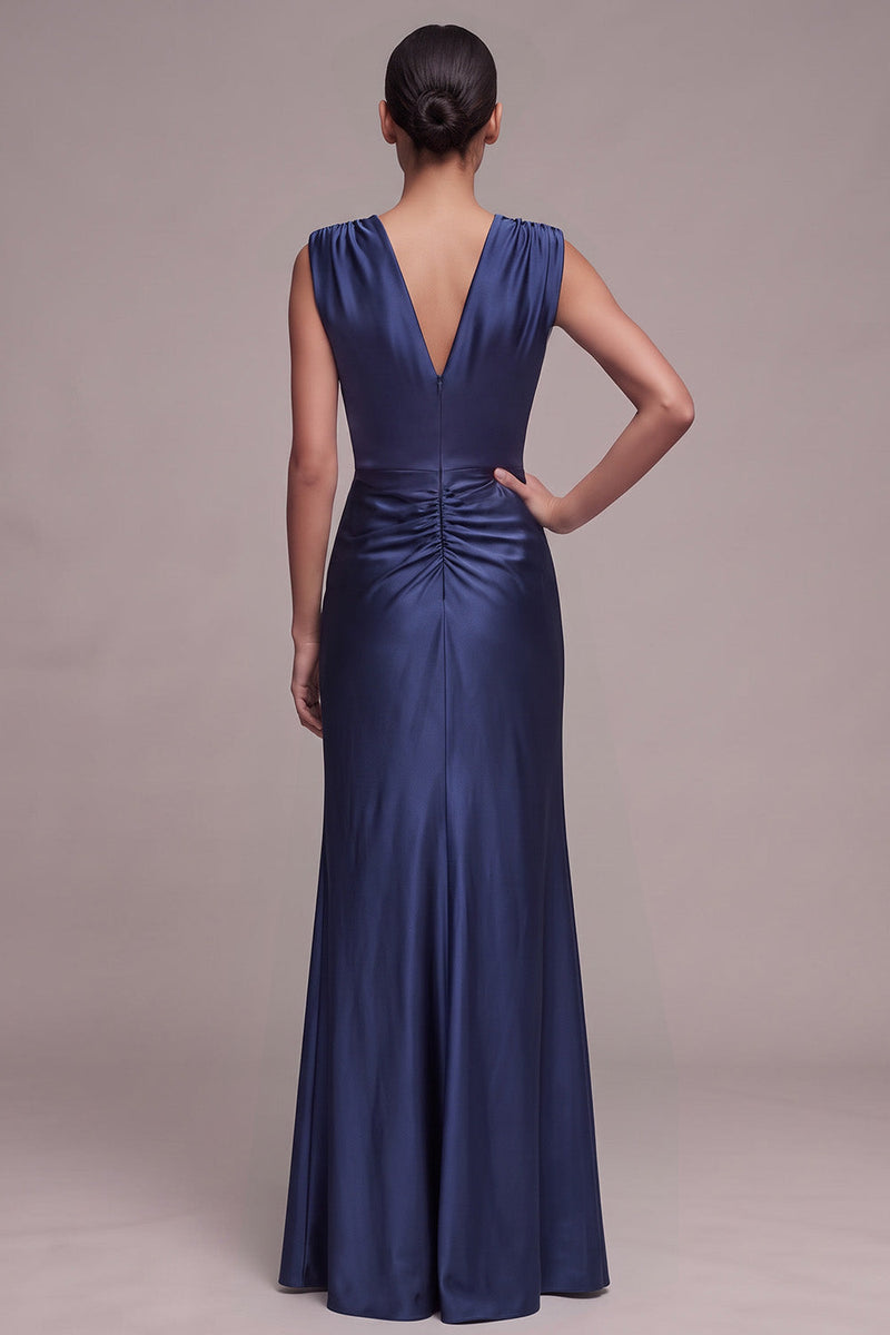 Load image into Gallery viewer, Ruched Navy Sheath Satin V-Neck Long Formal Dress with Slit