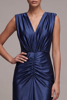 Load image into Gallery viewer, Ruched Navy Sheath Satin V-Neck Long Formal Dress with Slit