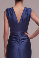 Load image into Gallery viewer, Ruched Navy Sheath Satin V-Neck Long Formal Dress with Slit