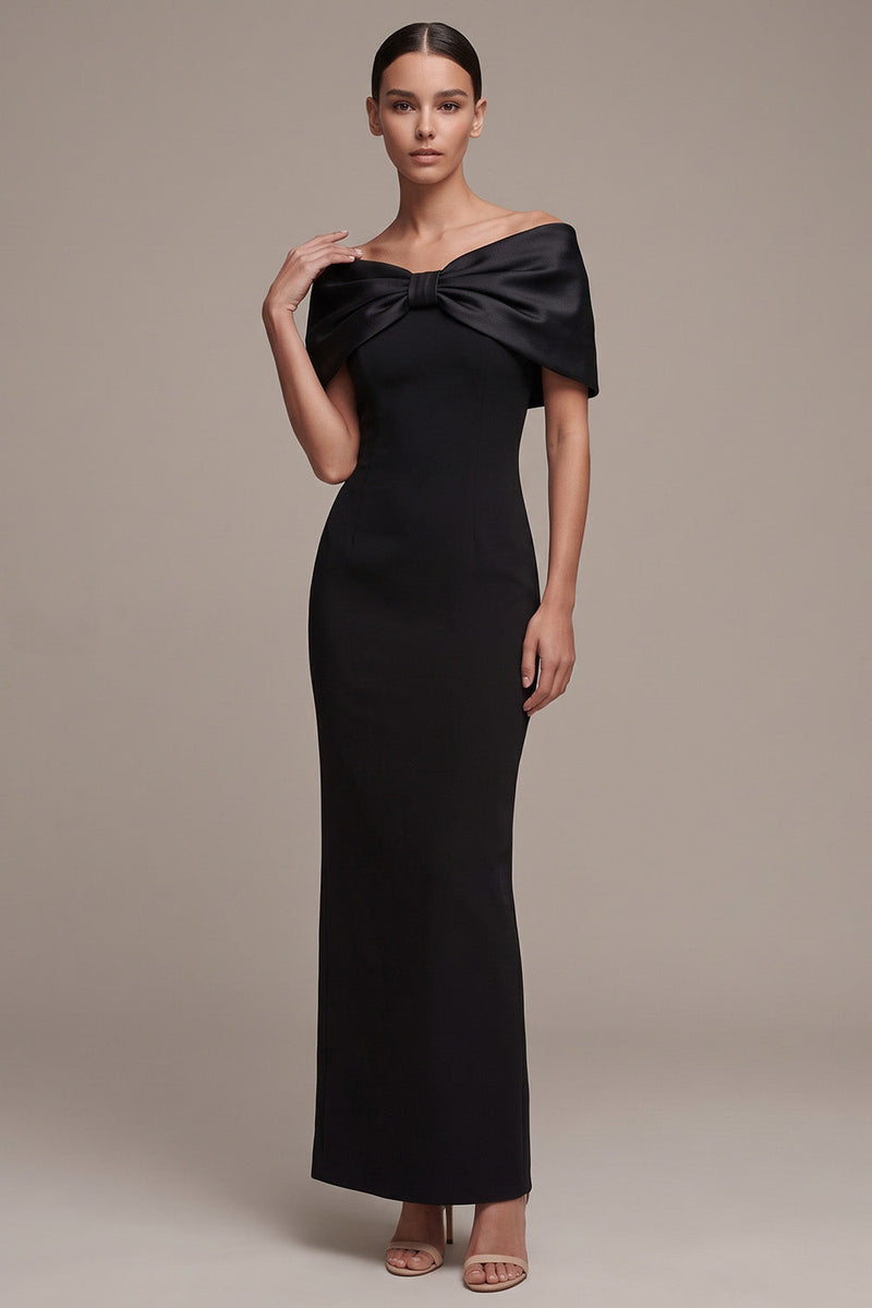 Load image into Gallery viewer, Simple Black Sheath Off the Shoulder Long Formal Dress with Bow